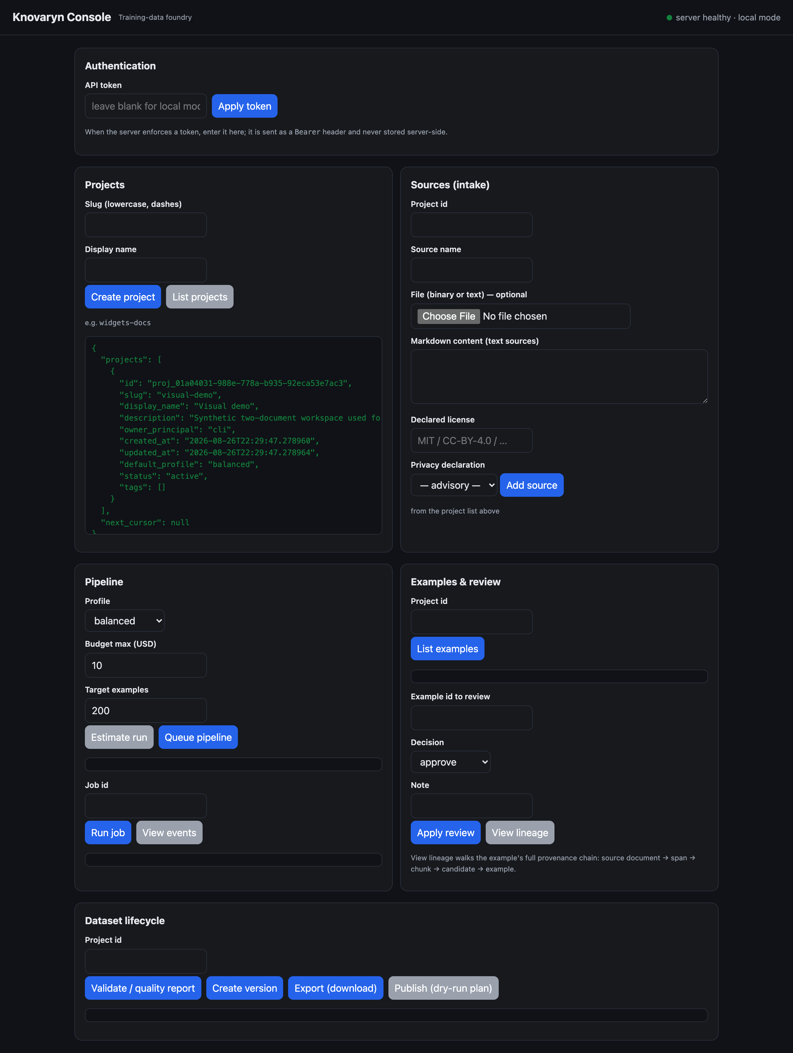 The console in dark mode: ink-deep surfaces with the same panels and a bright trace accent