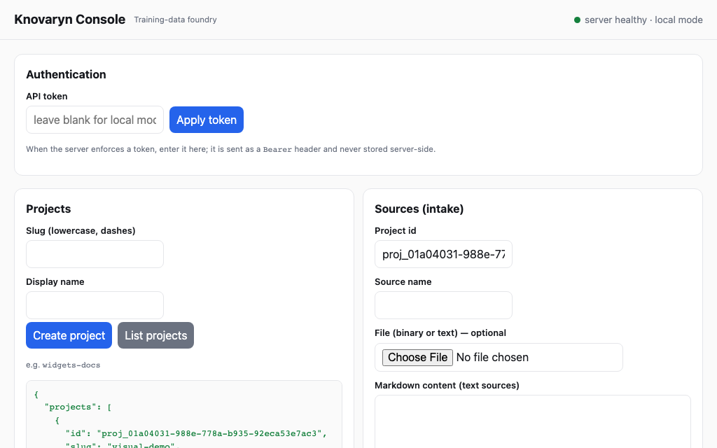 Animated demo: the Knovaryn web console walking through source intake, a pipeline run, the dataset quality report, per-example provenance, and a checksummed export. The static poster shows the console header, project panel, and intake form.