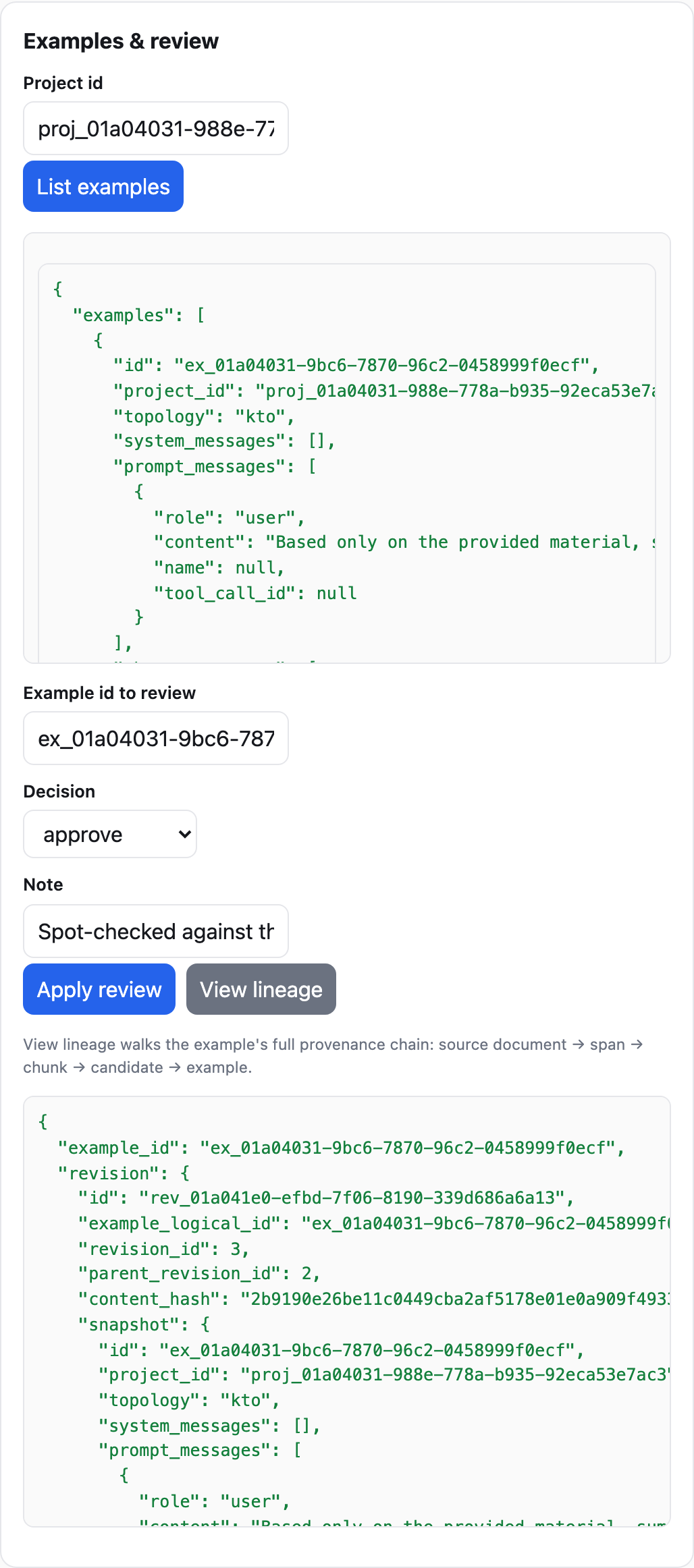 Web console review: an approval on the kto example creates revision 2 with parent revision 1 — the immutable revision chain, not an in-place edit