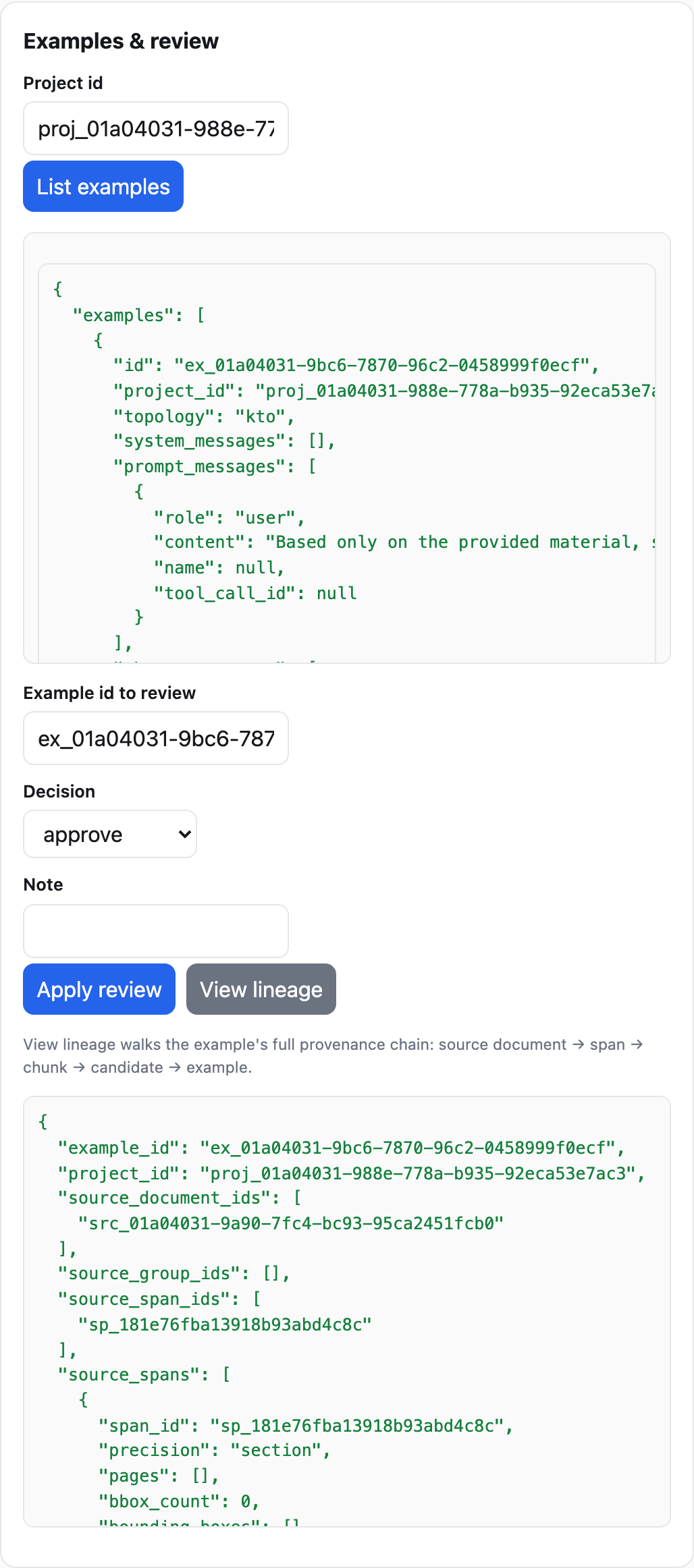 Web console lineage view: the examples list shows one kto example, and the lineage panel traces it to its source document id and span id with location precision "section" — pages and bounding boxes are empty because the demo sources are markdown
